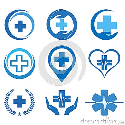 Illustration set of healthcare logos.Blue medical cross with a pulse Vector Illustration